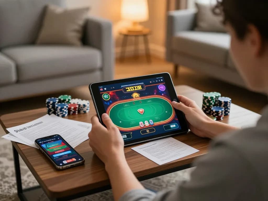 Player engaging in the go99com online poker game at home with strategy notes.