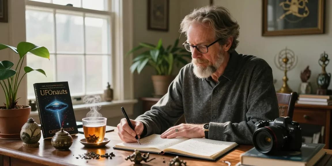 T Allen Greenfield writing "UFOnauts," blending spirituality and UFO phenomena at https://tallengreenfield.com in a cozy study.
