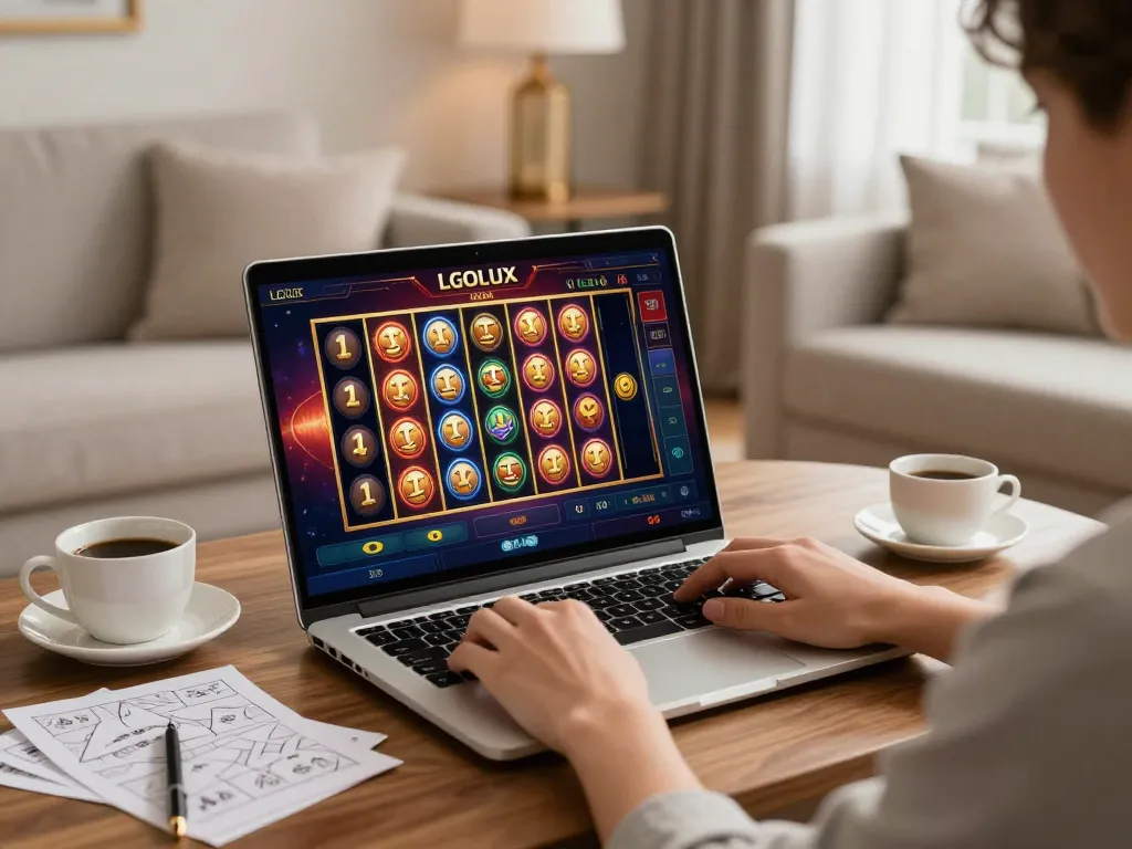 Player enjoying LGOLUX online slots with stylish setup and strategy notes for better gaming.
