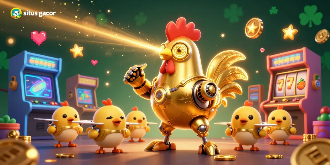 Experience the excitement of situs gacor with vibrant casino elements and a dynamic golden rooster robot.