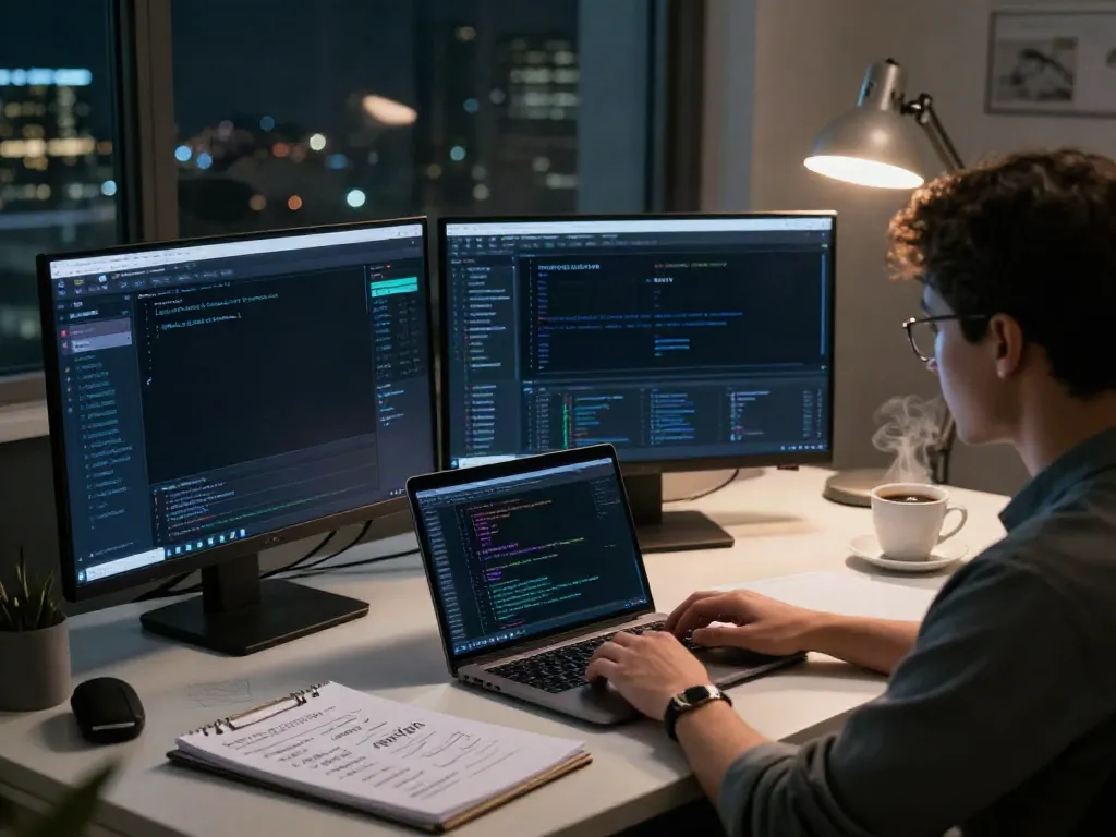 Researcher investigating the hidden wiki dark web with dual monitors displaying encrypted networks.