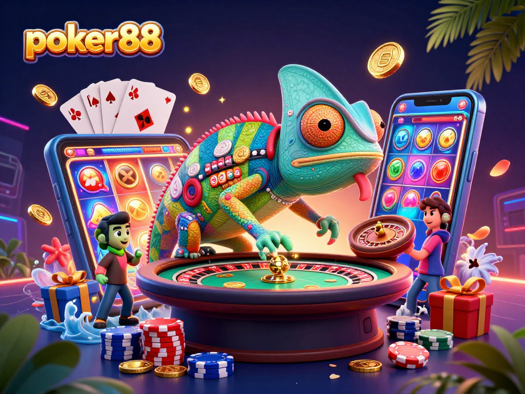 Poker88 membawa keseruan kasino dengan chameleon raksasa dan elemen permainan yang menarik.