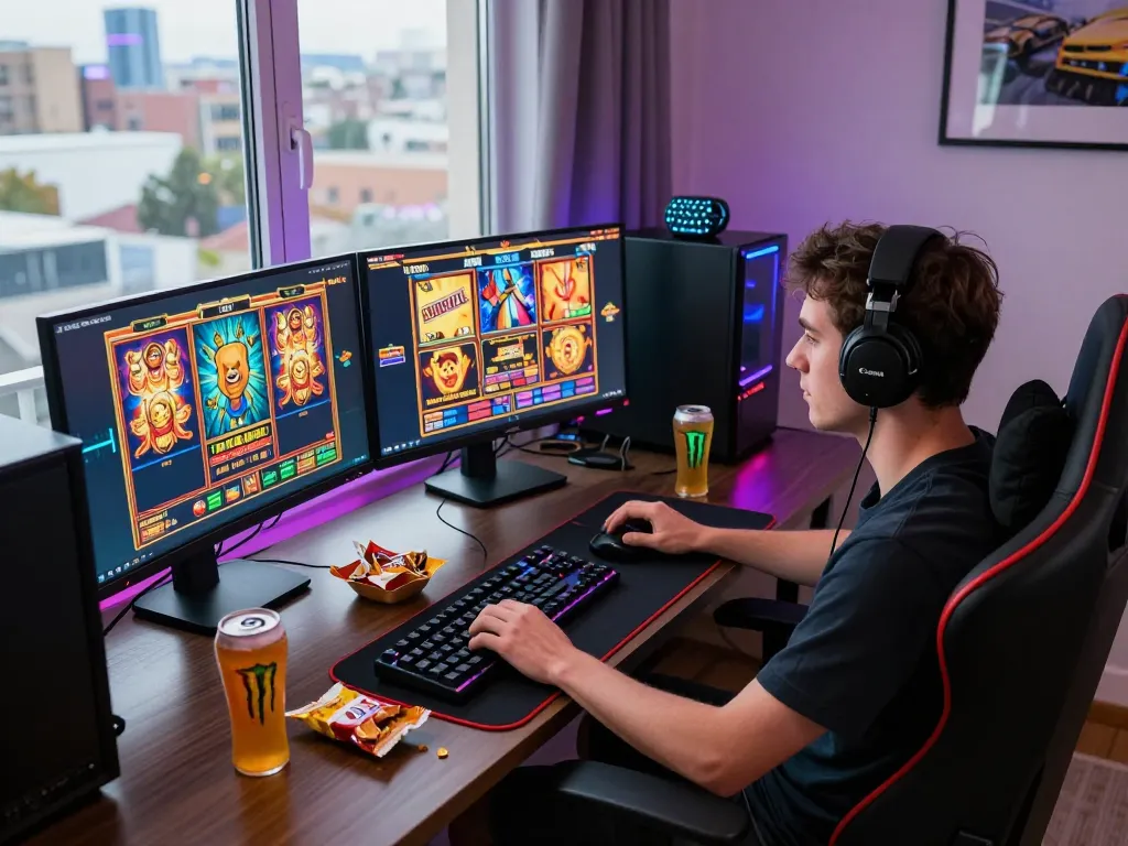 Zeus138 online gaming enthusiast enjoying vibrant slot games in an exciting home setup.