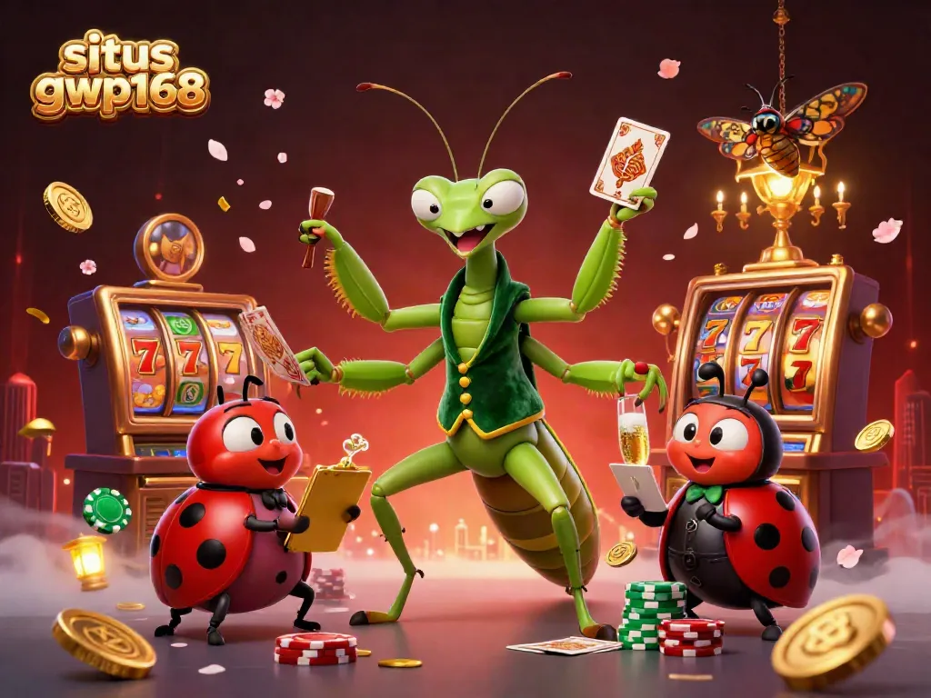 Permainan slot di situs gwp168 dengan karakter kartun menarik yang menikmati perjudian dengan suasana kasino yang berwarna-warni.