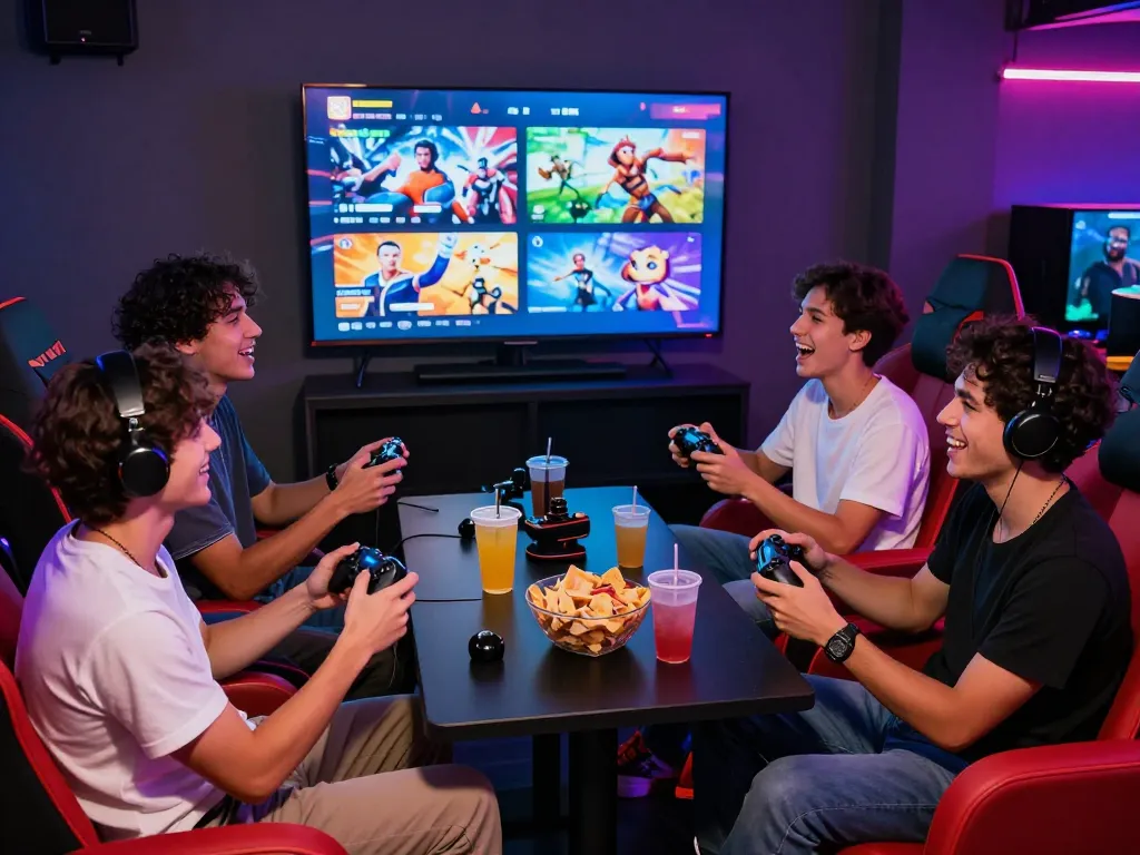 Group playing porngames in a vibrant gaming lounge with colorful lighting.