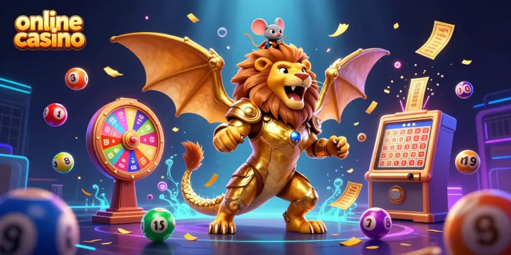 Experience thrilling online casino action with a majestic chimera and vibrant game elements.
