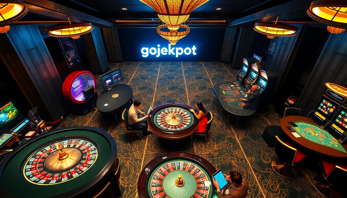 Experience the excitement of Gojekpot in a luxurious casino setting with vibrant games and engaged players.