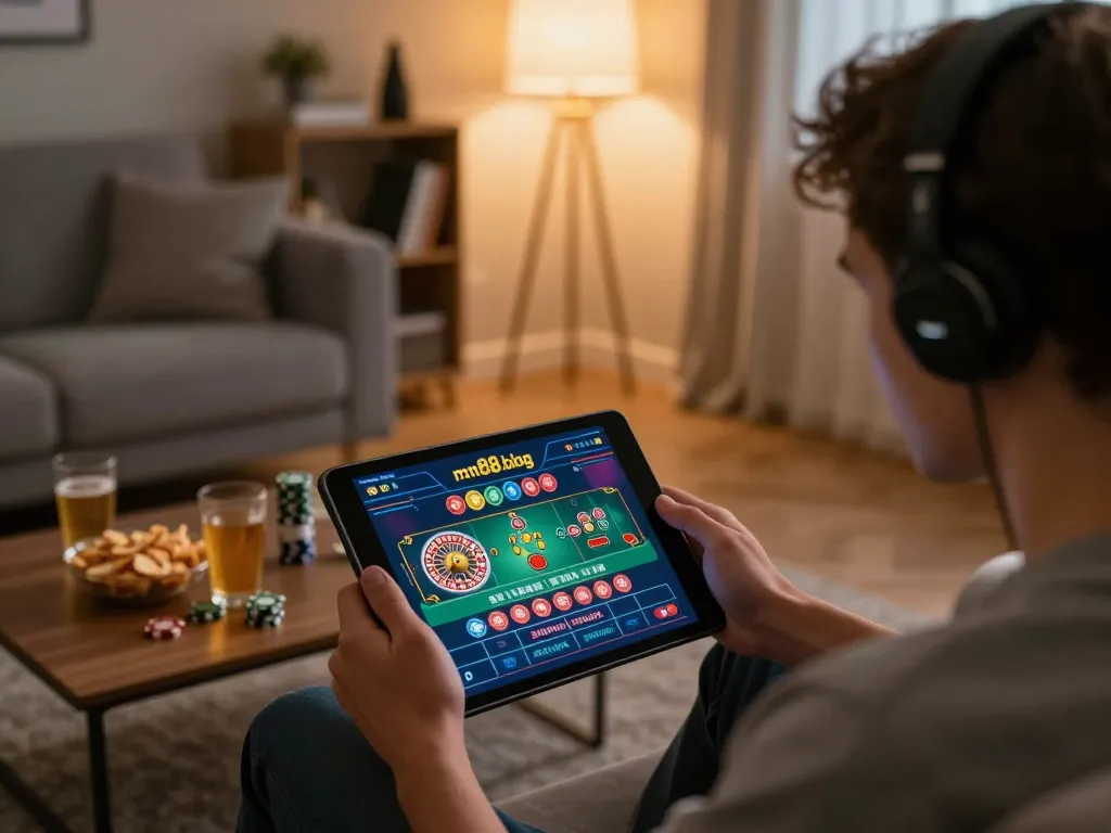 Engaged player enjoying the mm88.blog casino app on a tablet in a cozy home setting.