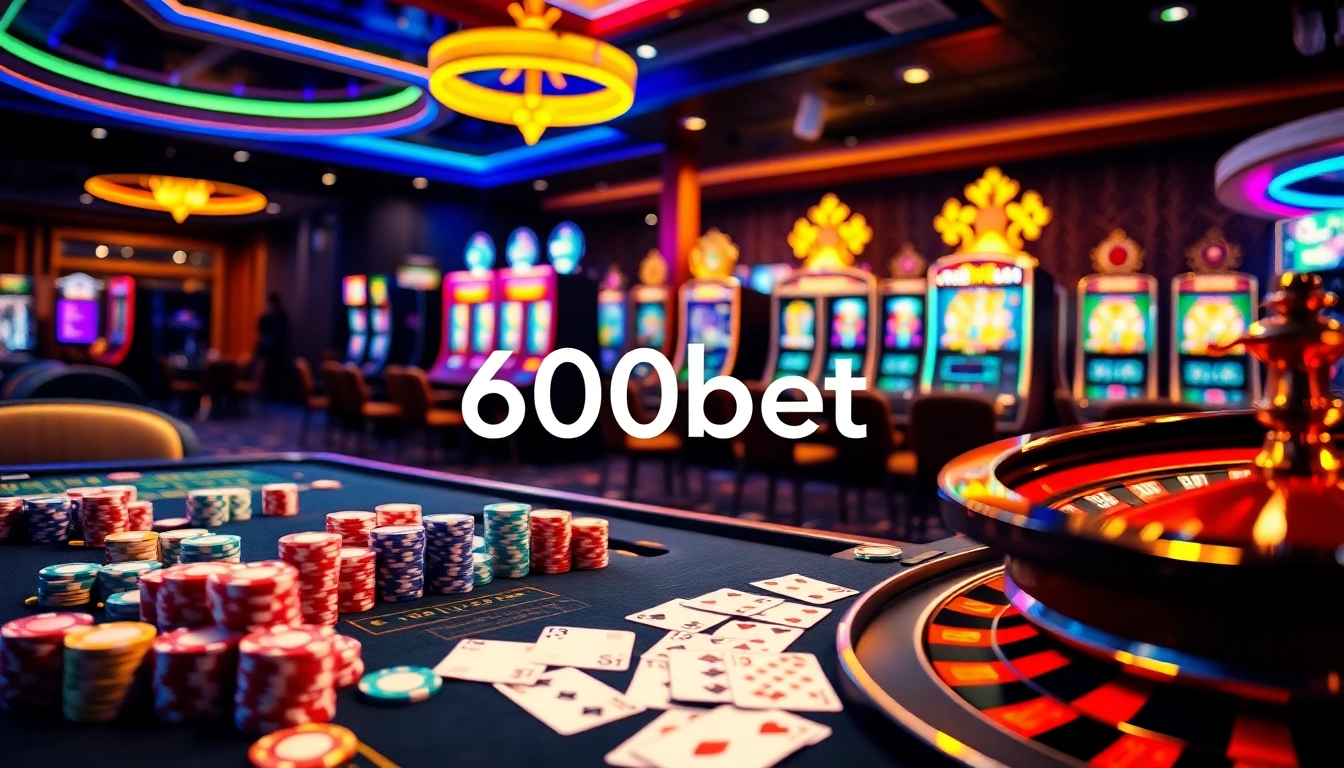 Exciting 600bet casino scene with poker chips, roulette wheel, and vibrant slot machines.