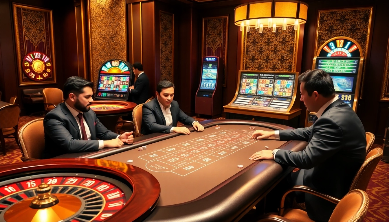 MM 88 players engaging in an exciting poker game on a luxurious casino floor.