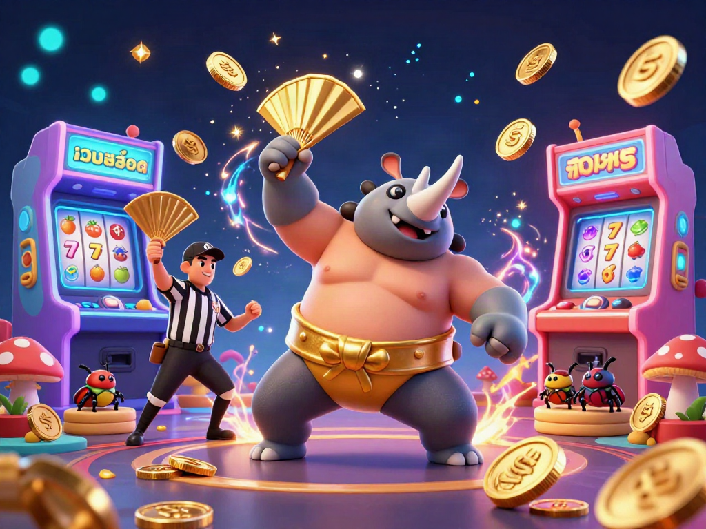 Experience excitement with เว็บสล็อต as a powerful beetle champion dominates a vibrant casino scene filled with colorful game elements.