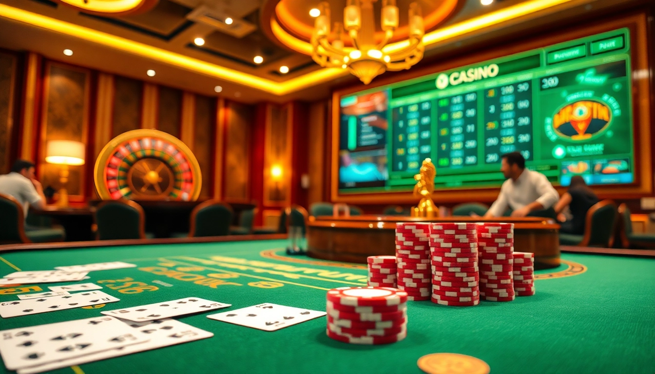 Experience the thrill of Trang Chủ BJ88 with a lively casino scene featuring poker chips and a roulette wheel.
