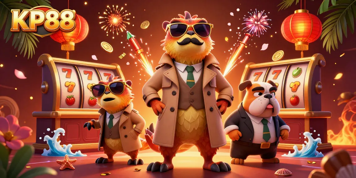 Experience exciting gambling at KP88 with animated raptors entering a casino, surrounded by dynamic game elements.