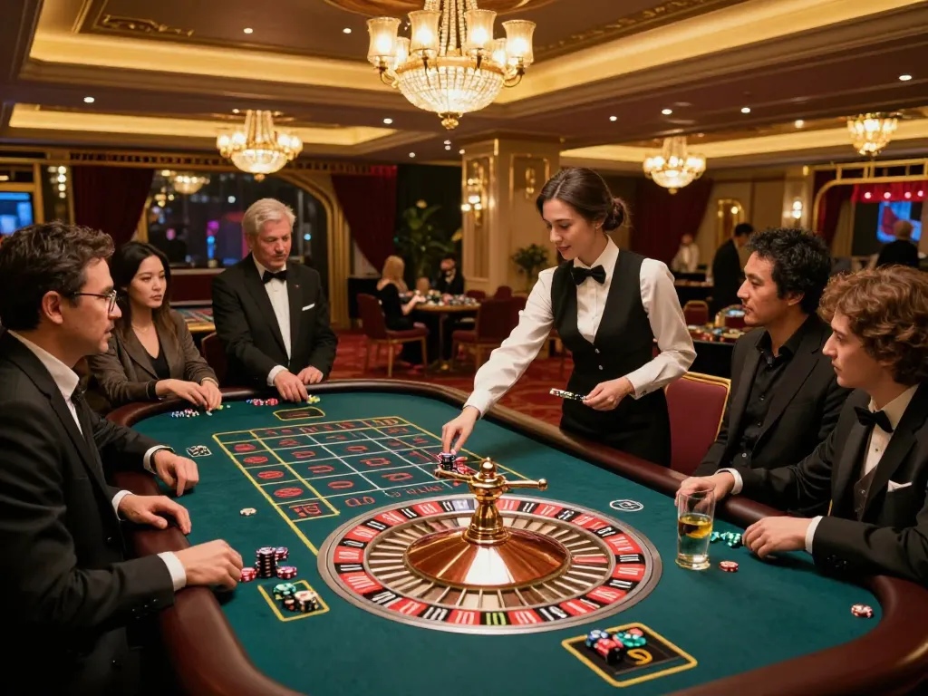 Experience the thrill of mb88 roulette with lively players and a focused croupier in an upscale casino.