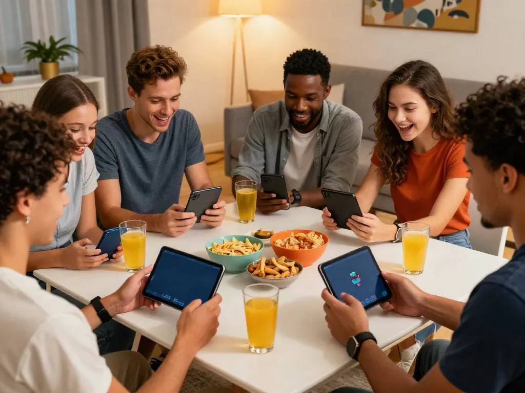 Friends enjoying Rumble Rummy on mobile devices in a cozy living room.
