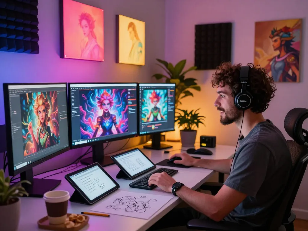 Engaging NSFW AI art generation scene in a vibrant digital studio.