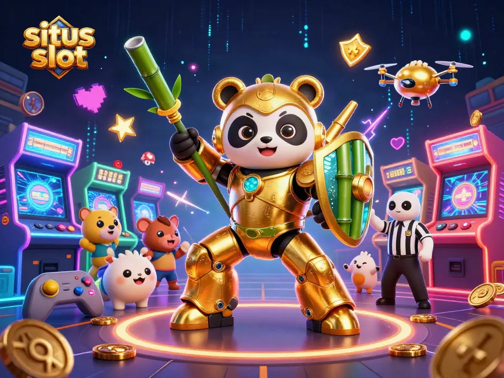 Menyajikan pengalaman bermain situs slot dengan karakter panda emas dalam robot bertarung 3D di arena judi mengesankan.