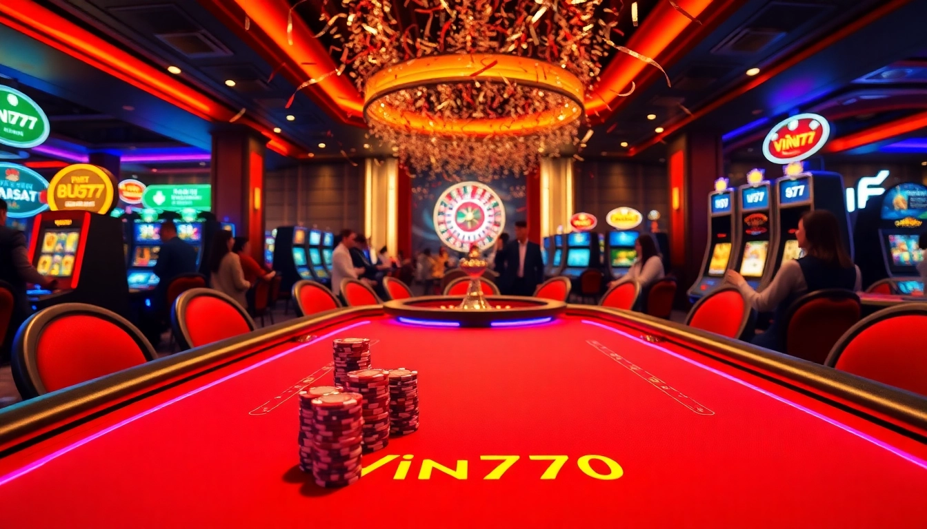 Players enjoying an exciting game at Vin777 Casino, featuring vibrant tables and slot machines.