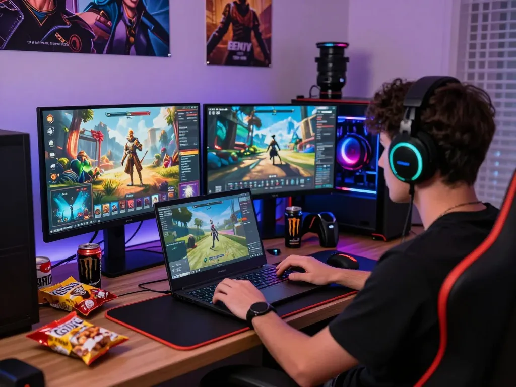Player interacting with an adult game on a laptop in a vibrant gaming setup with energy drinks.