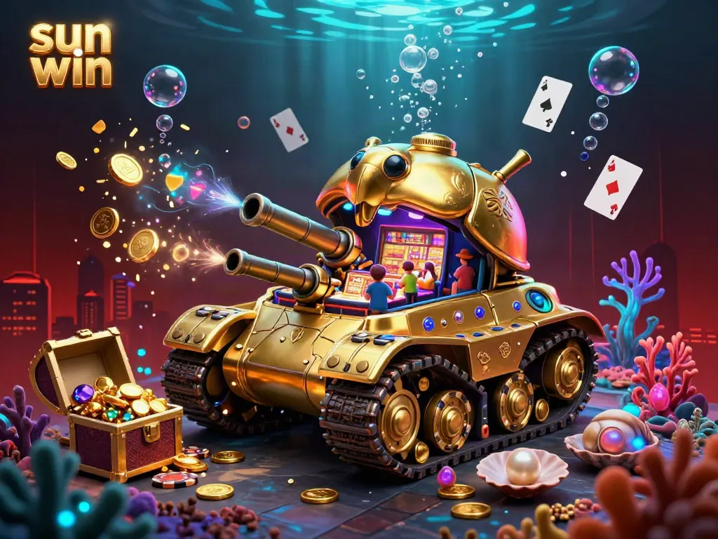 Experience the excitement of sun win with a vibrant 3D illustration showcasing a golden beetle tank casino surrounded by treasures and games.