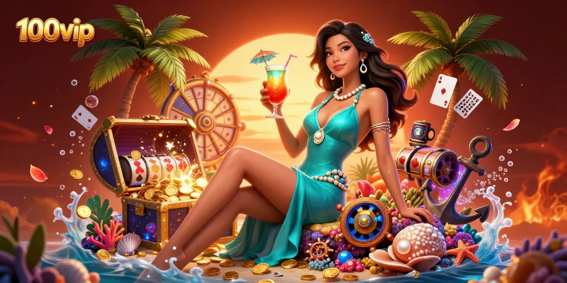 Experience vibrant action at 100vip with a glamorous character amidst thrilling casino elements in a tropical setting.