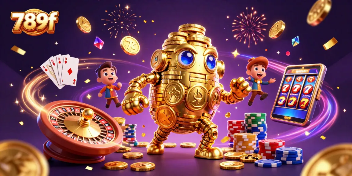 Engage with 789f's vibrant casino world featuring a golden golem, cascading coins, and dynamic game elements.