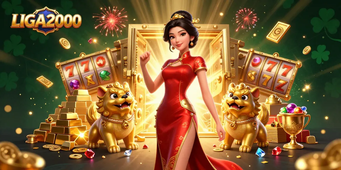 LIGA2000 menampilkan seorang wanita Asia yang glamor merayakan kemenangan besar dengan mesin slot dan kembang api.