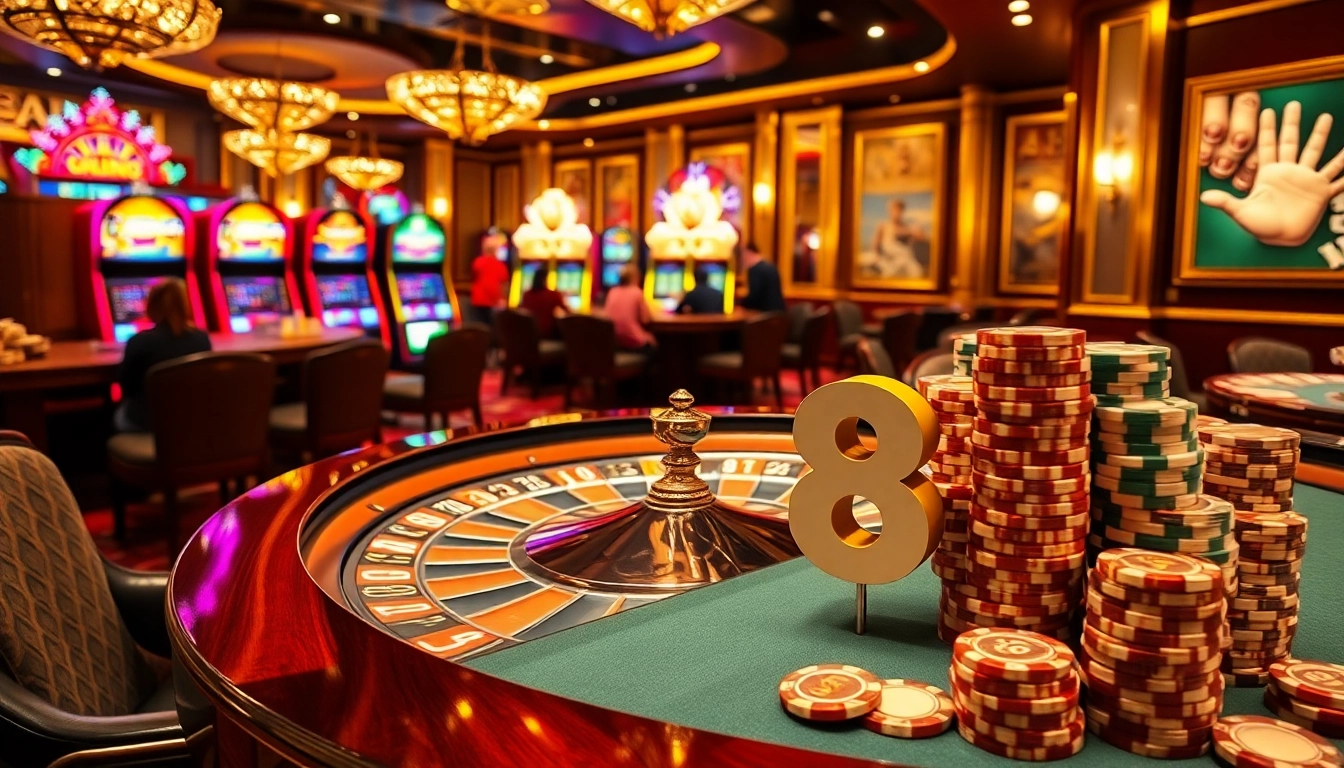 Engaging players at a roulette table with vibrant slot machines representing luck 8 in a luxurious casino setting.