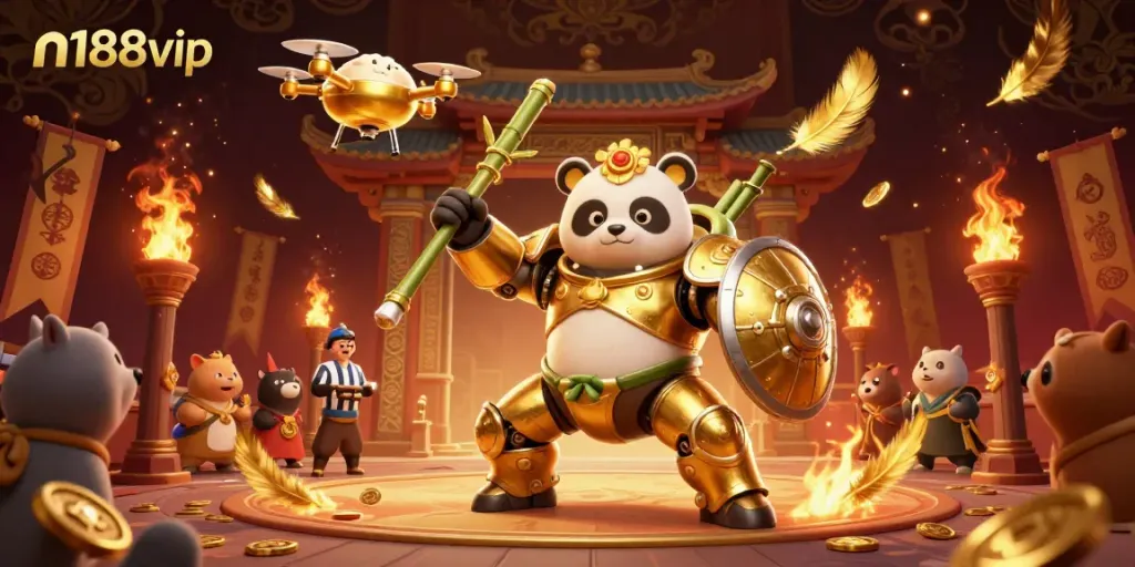 Engage with thrilling games at n188vip featuring an electrifying panda in a mech-suit at a vibrant casino arena.