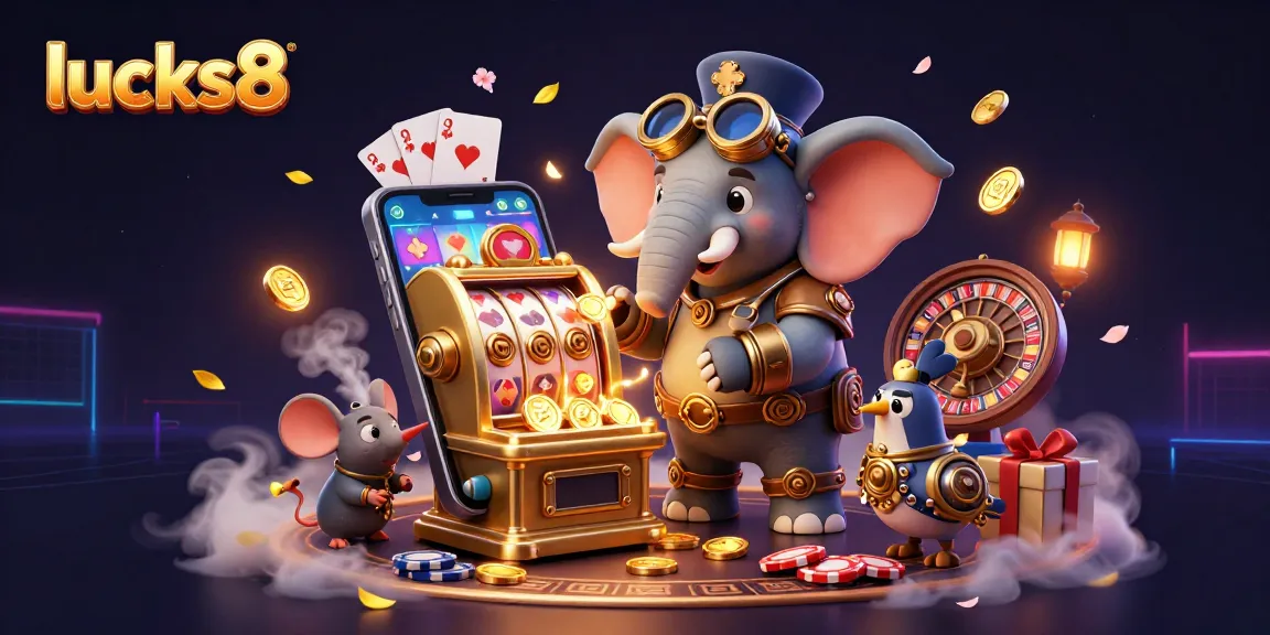 Spin to win at lucks8 with a dynamic 3D casino scene showcasing steampunk characters and slot games.