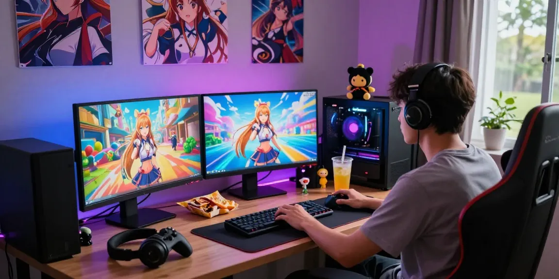 Player enjoying a hentai game with colorful displays and anime decor in a cozy gaming room.