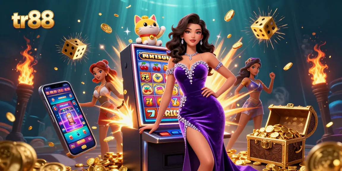 Experience exciting jackpots at tr88 with a glamorous woman and lucky cat amidst coins and casino elements.