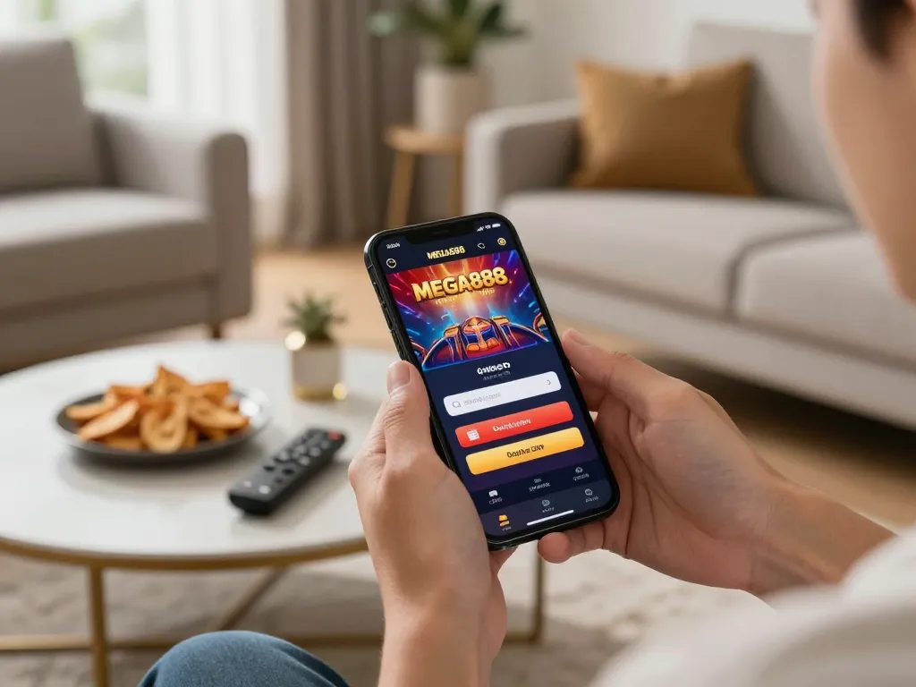 Player accessing mega888 online login on smartphone during cozy gaming session at home.