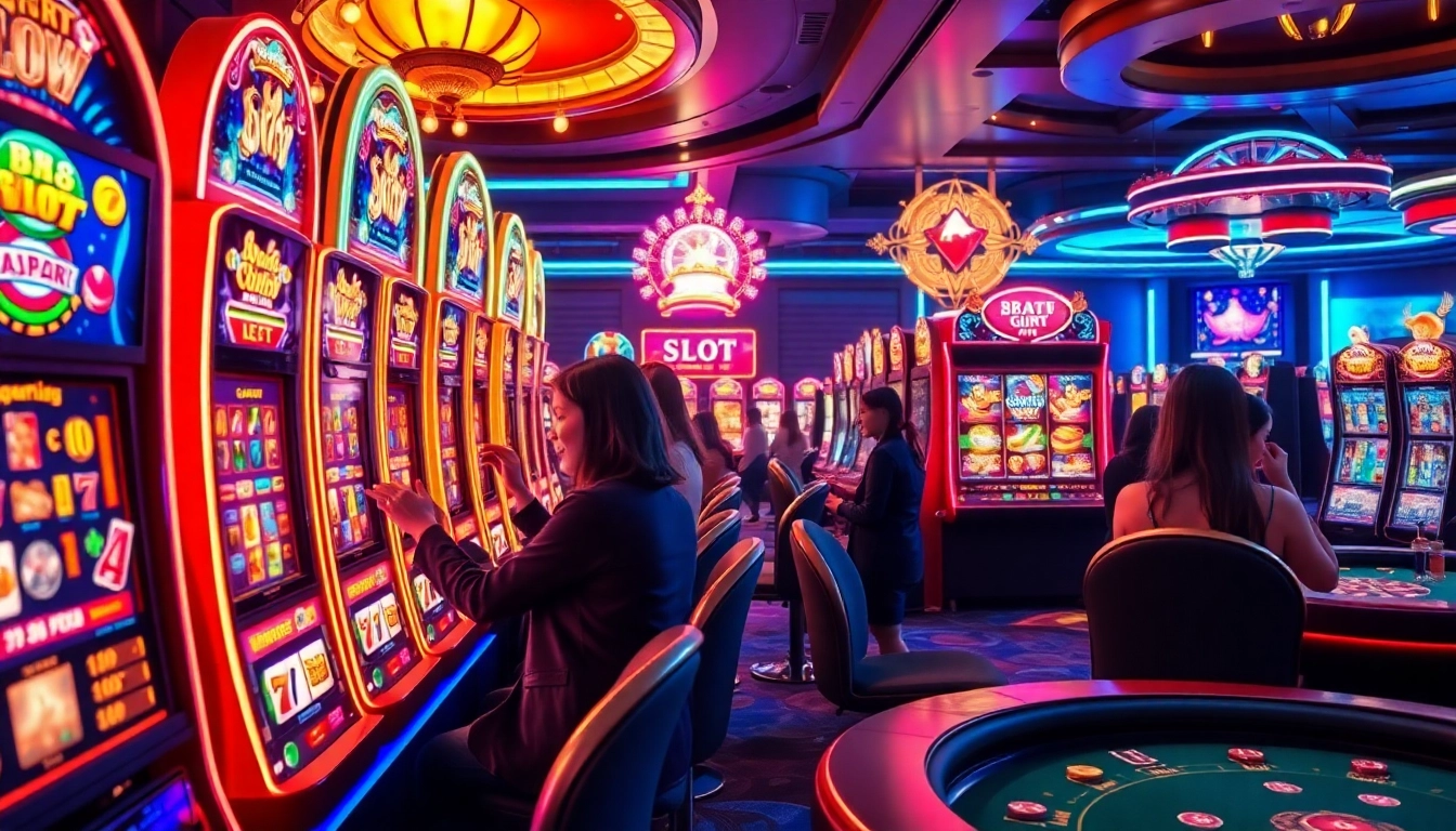 Excited players engaging with bk8 สล็อต in a luxurious casino environment filled with vibrant slot machines.