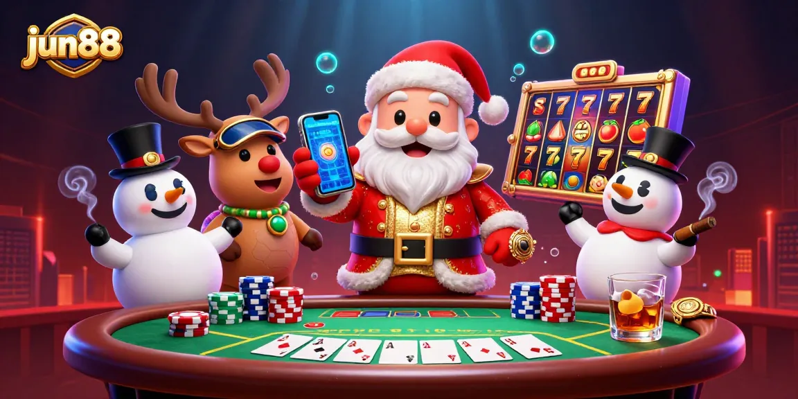 Experience jackpot thrills at jun88 with Santa and poker-themed fun!
