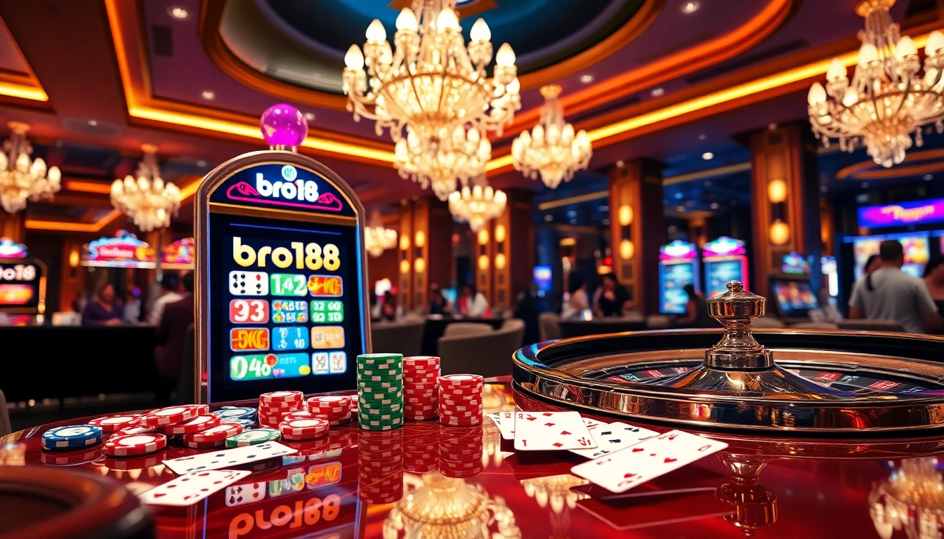 Experience luxury and excitement at the bro138 casino, featuring vibrant slot machines and roulette wheels.