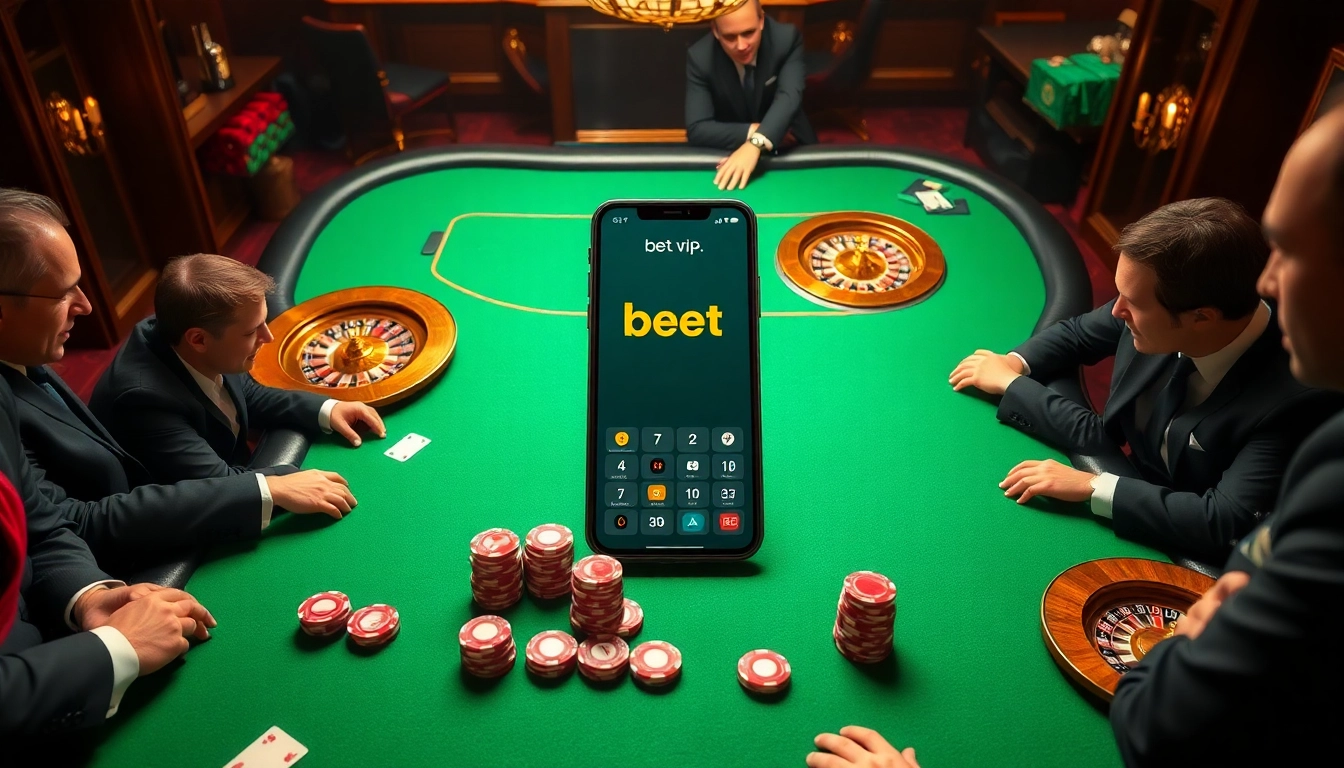 Ứng dụng bet vip được hiển thị trong một cảnh sòng bạc sang trọng, nổi bật sự phấn khích của cược với số tiền lớn.