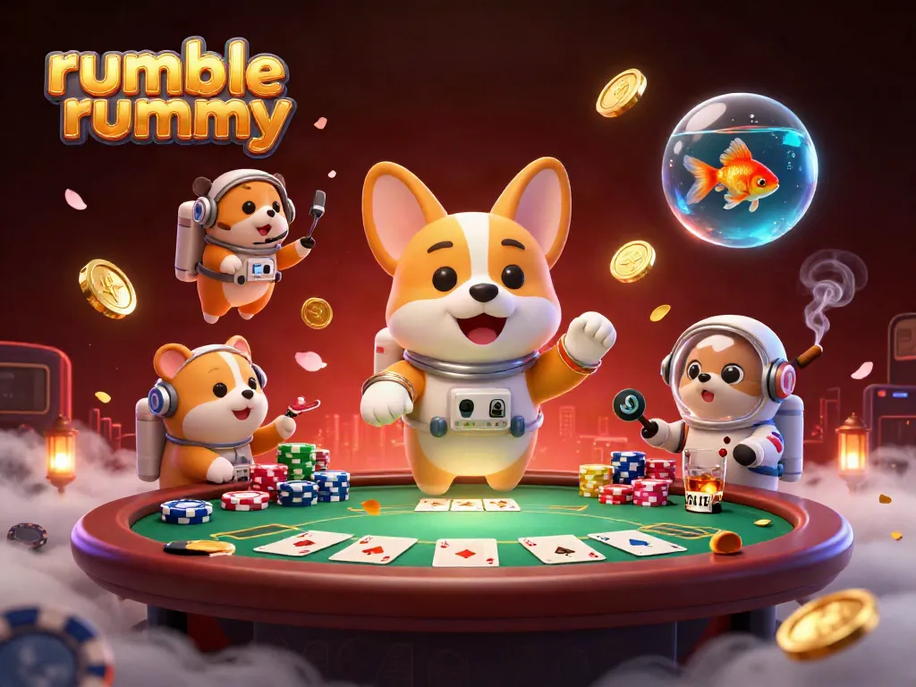 Experience thrilling gameplay with Rumble Rummy as the astronaut corgi navigates a floating casino.