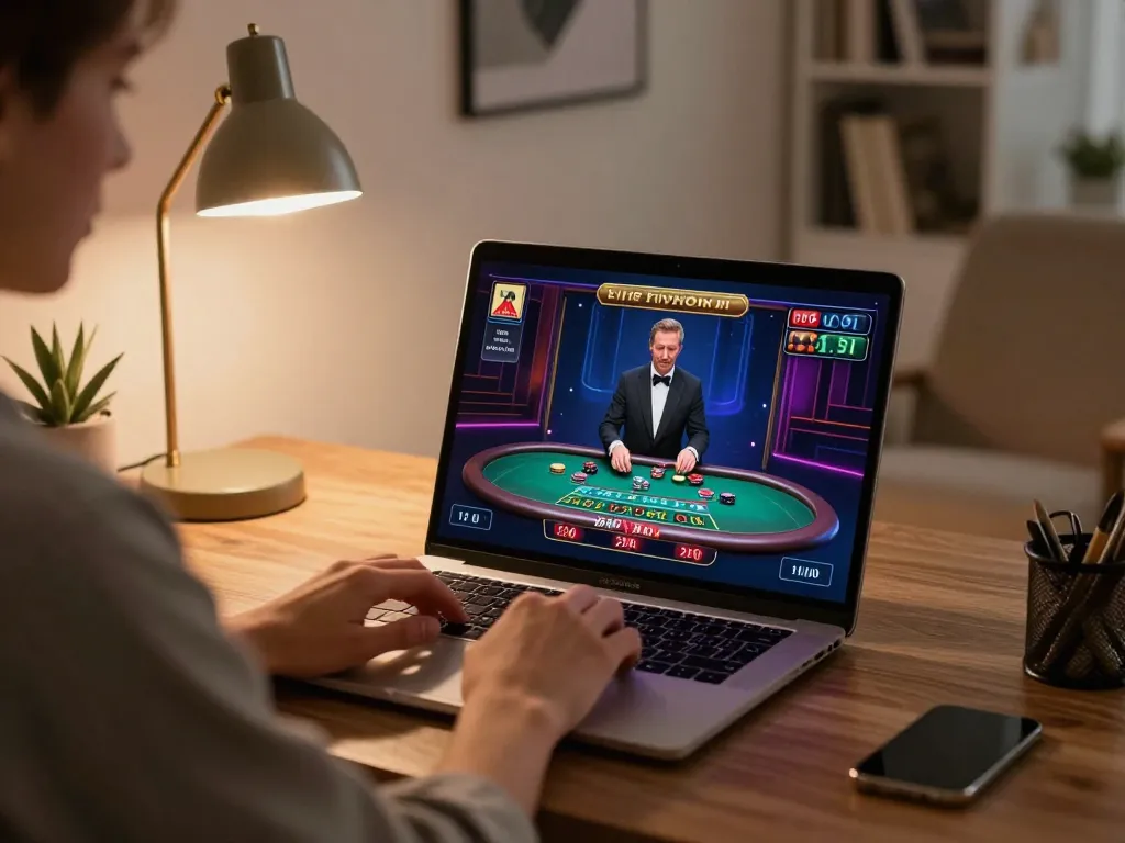 Sunwin online player engaging in live dealer blackjack gameplay on a laptop at home