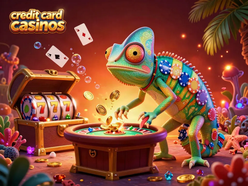 Join the exciting action at credit card casinos with vibrant chameleon, gold coins, and dynamic game elements.