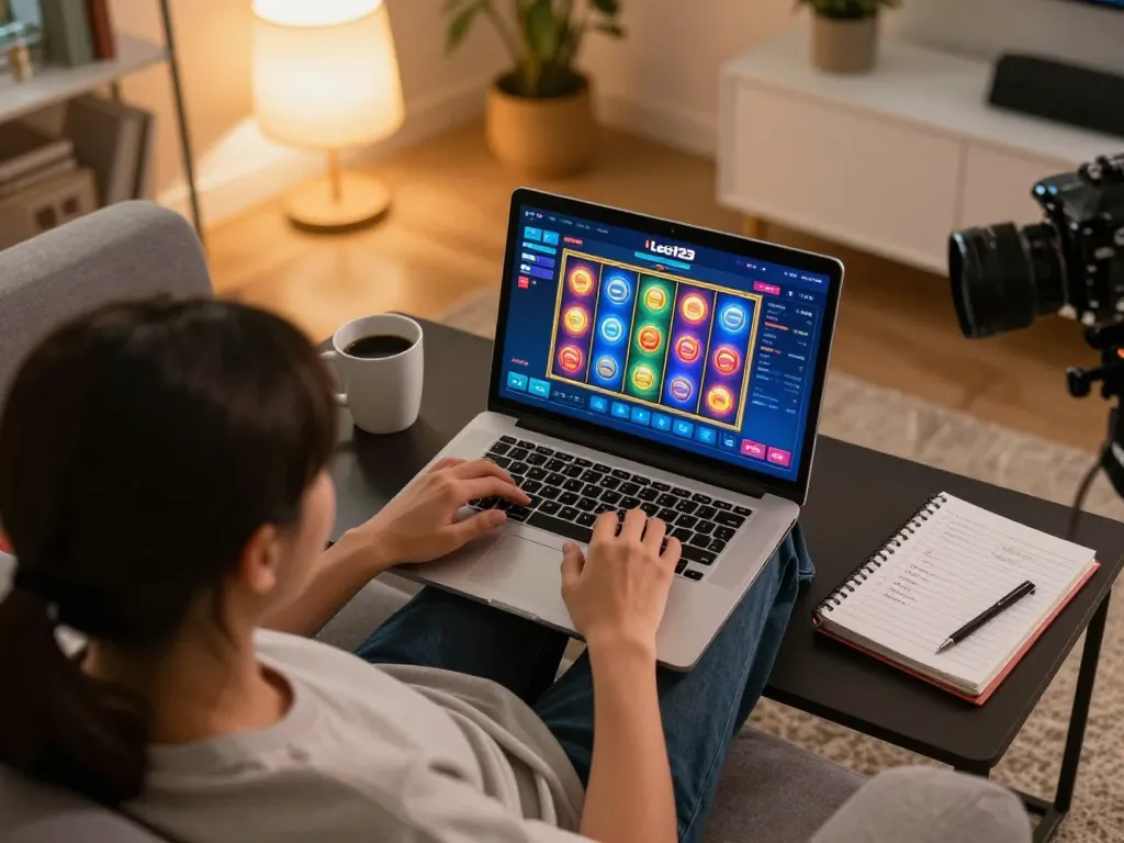 Leci123 platform user engaged in an online slot game, cozy home setting with gaming strategy notes.
