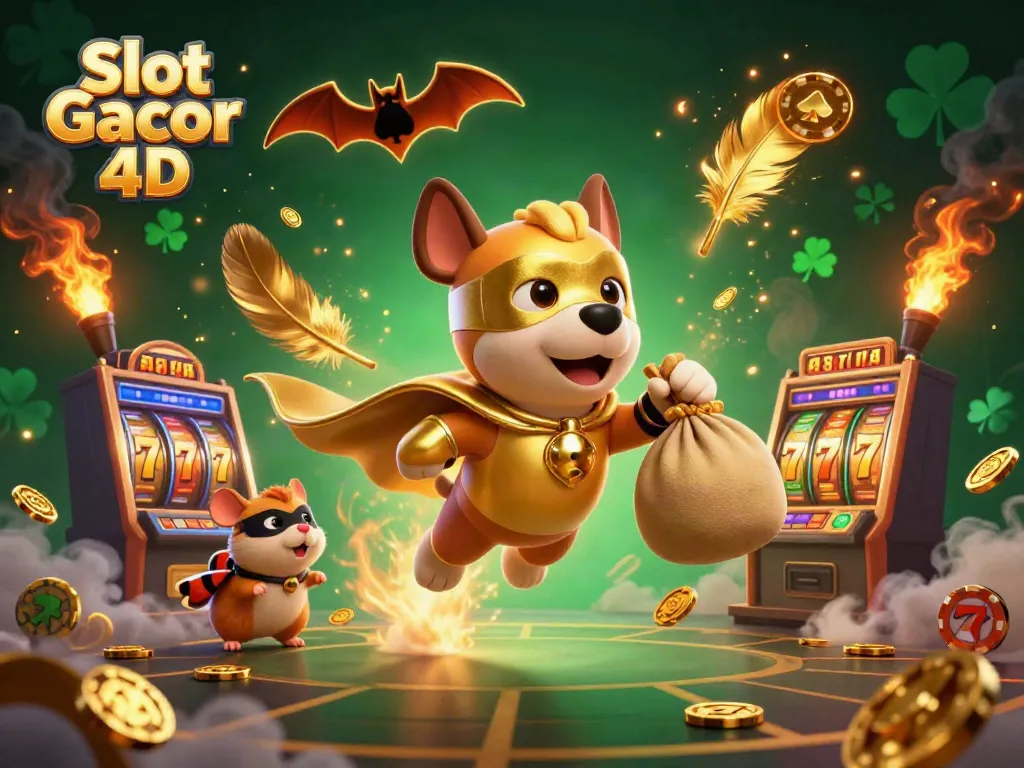 Menggoda peruntungannya dengan Slot Gacor 4D dan simbol poker di langit.