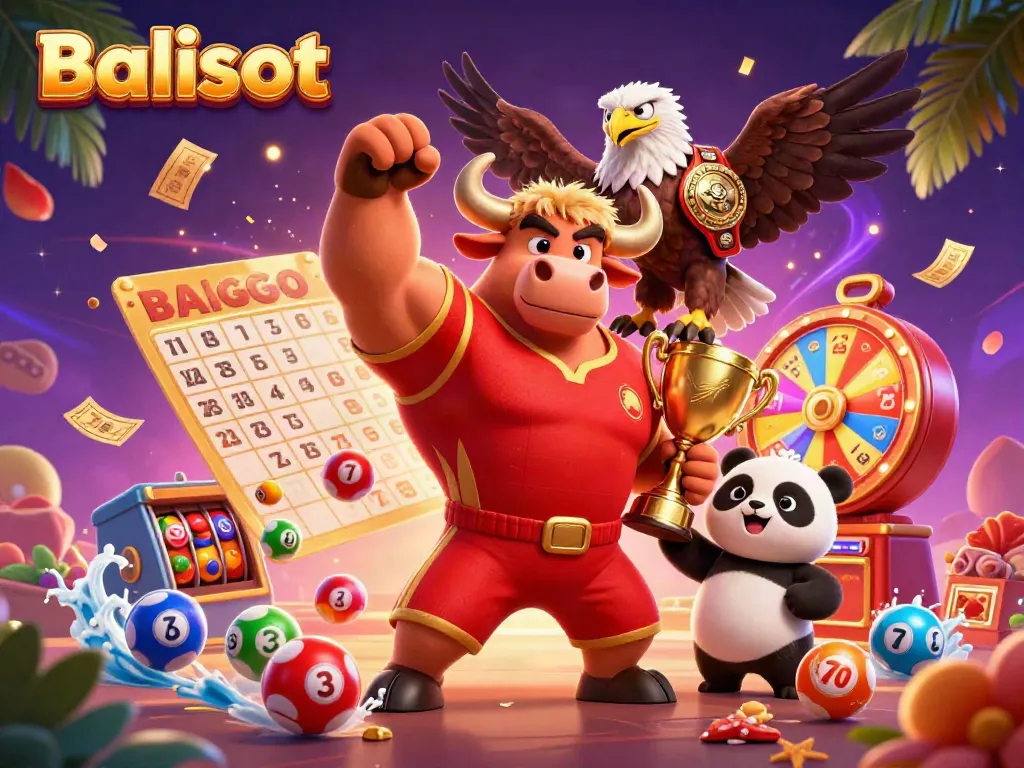Balislot scene with a bull mascot, eagle, and panda celebrating amid casino-themed elements.