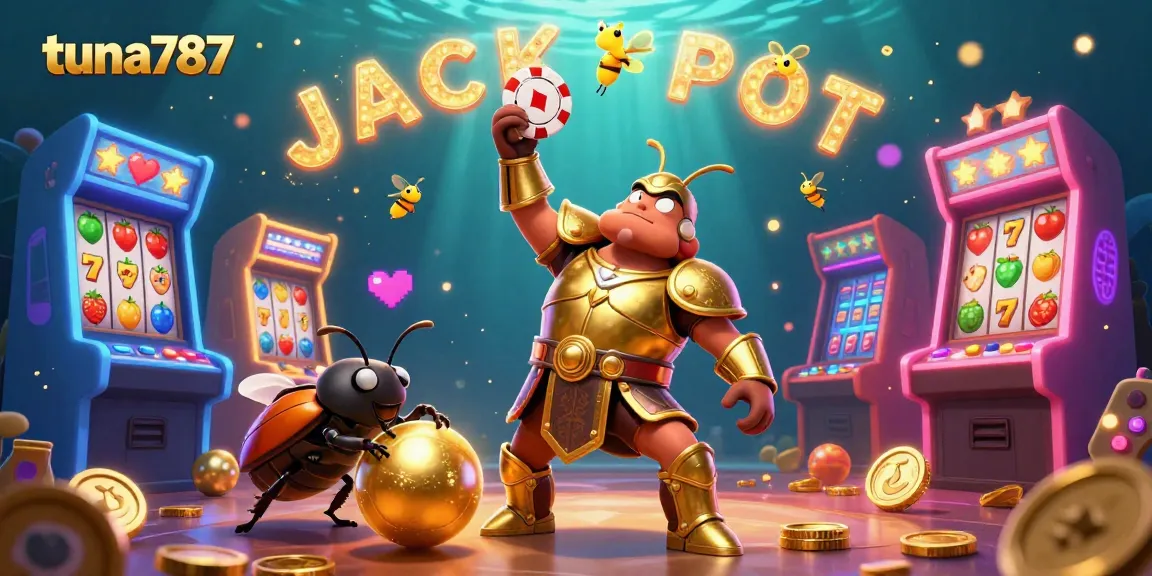 Tuna787 menghadirkan sosok kumbang hercules dalam armor emas meraih chip poker, dikelilingi mesin slot berkilau.
