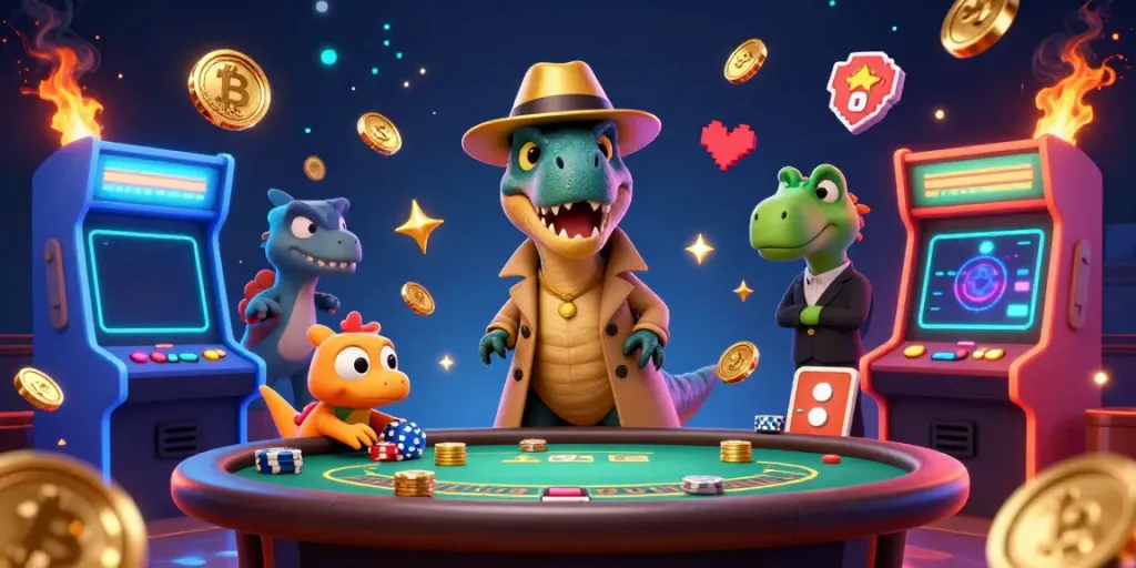 Experience excitement at a bitcoin casino with a cartoon velociraptor and unique gaming elements.