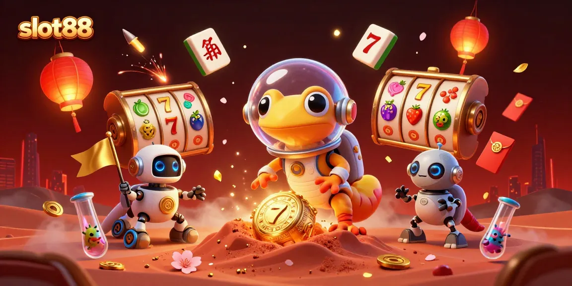 Permainan slot88 menarik dengan simbol keberuntungan dan jackpot terlihat dalam ilustrasi 3D.