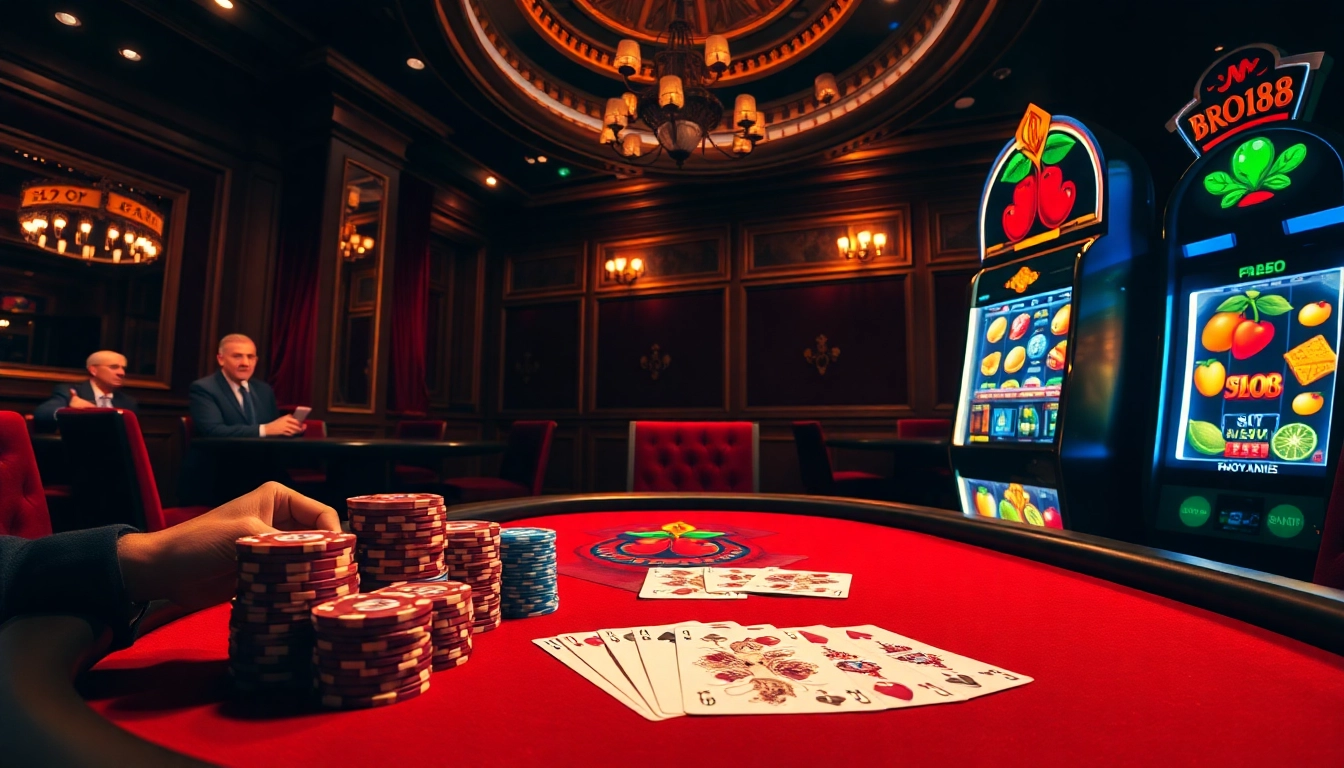 Engage in thrilling poker at Bro138's luxurious casino, showcasing exciting card games.