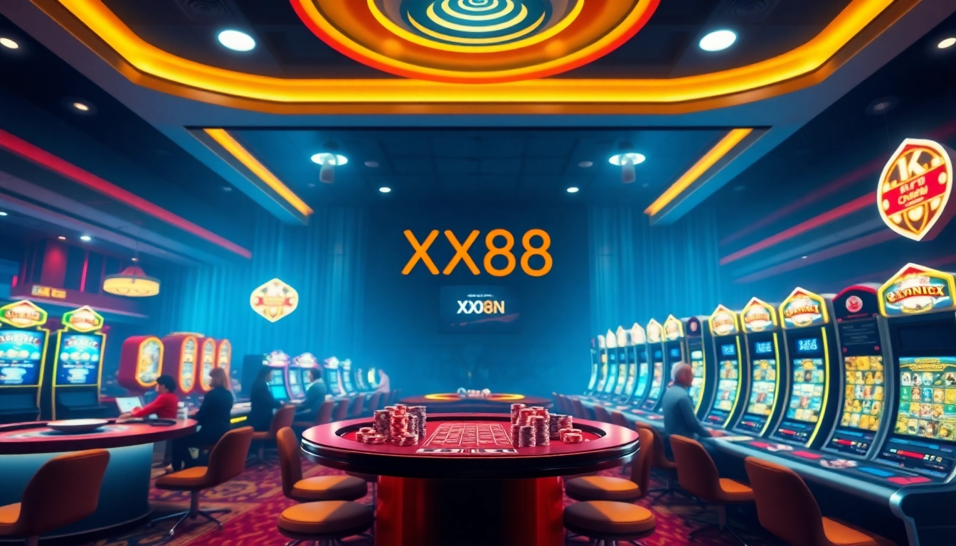 Exciting scene of Nhà cái xx88 online casino showcasing vibrant gaming tables and live dealers in an inviting atmosphere.