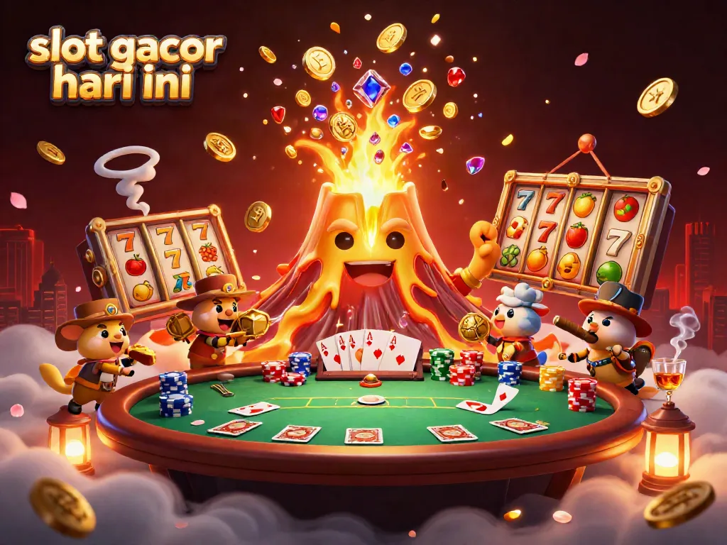 Slot gacor hari ini menampilkan gunung emas yang meletus dengan koin dan harta karun, dikelilingi elemen kasino untuk menarik pemain.
