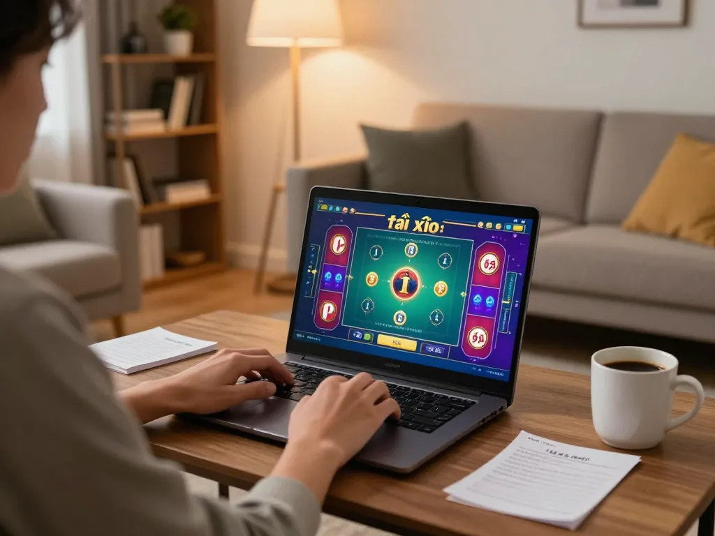 Engaging in tài xỉu online gameplay on a laptop in a cozy home setup, showcasing responsible gambling.